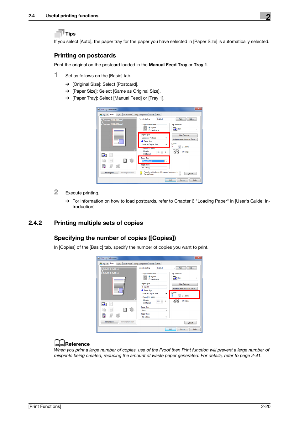 Printing on postcards, 2 printing multiple sets of copies, Specifying the number of copies ([copies]) | Printing on postcards -20 | Konica Minolta bizhub C3350 User Manual | Page 30 / 119