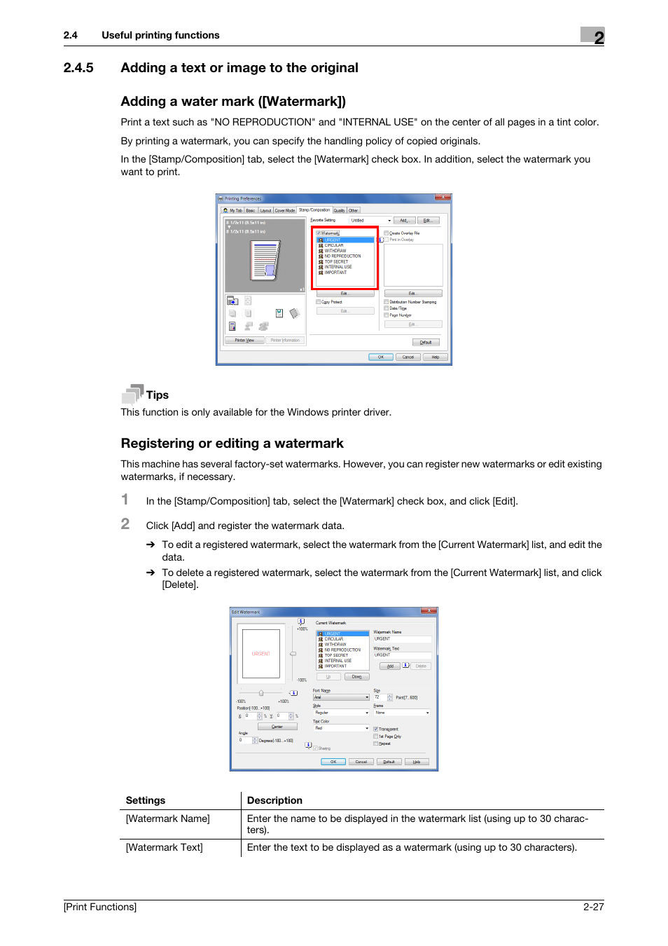 5 adding a text or image to the original, Adding a water mark ([watermark]), Registering or editing a watermark | Konica Minolta bizhub C3350 User Manual | Page 37 / 119