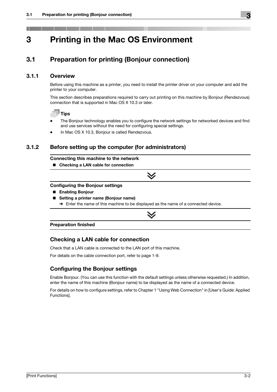 3 printing in the mac os environment, 1 preparation for printing (bonjour connection), 1 overview | Checking a lan cable for connection, Configuring the bonjour settings, Printing in the mac os environment, Preparation for printing (bonjour connection) -2, Overview -2, 3printing in the mac os environment | Konica Minolta bizhub C3350 User Manual | Page 76 / 119