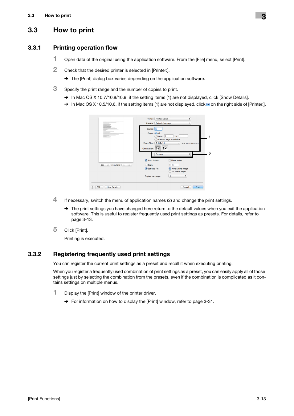3 how to print, 1 printing operation flow, 2 registering frequently used print settings | How to print -13, Printing operation flow -13, Registering frequently used print settings -13 | Konica Minolta bizhub C3350 User Manual | Page 87 / 119