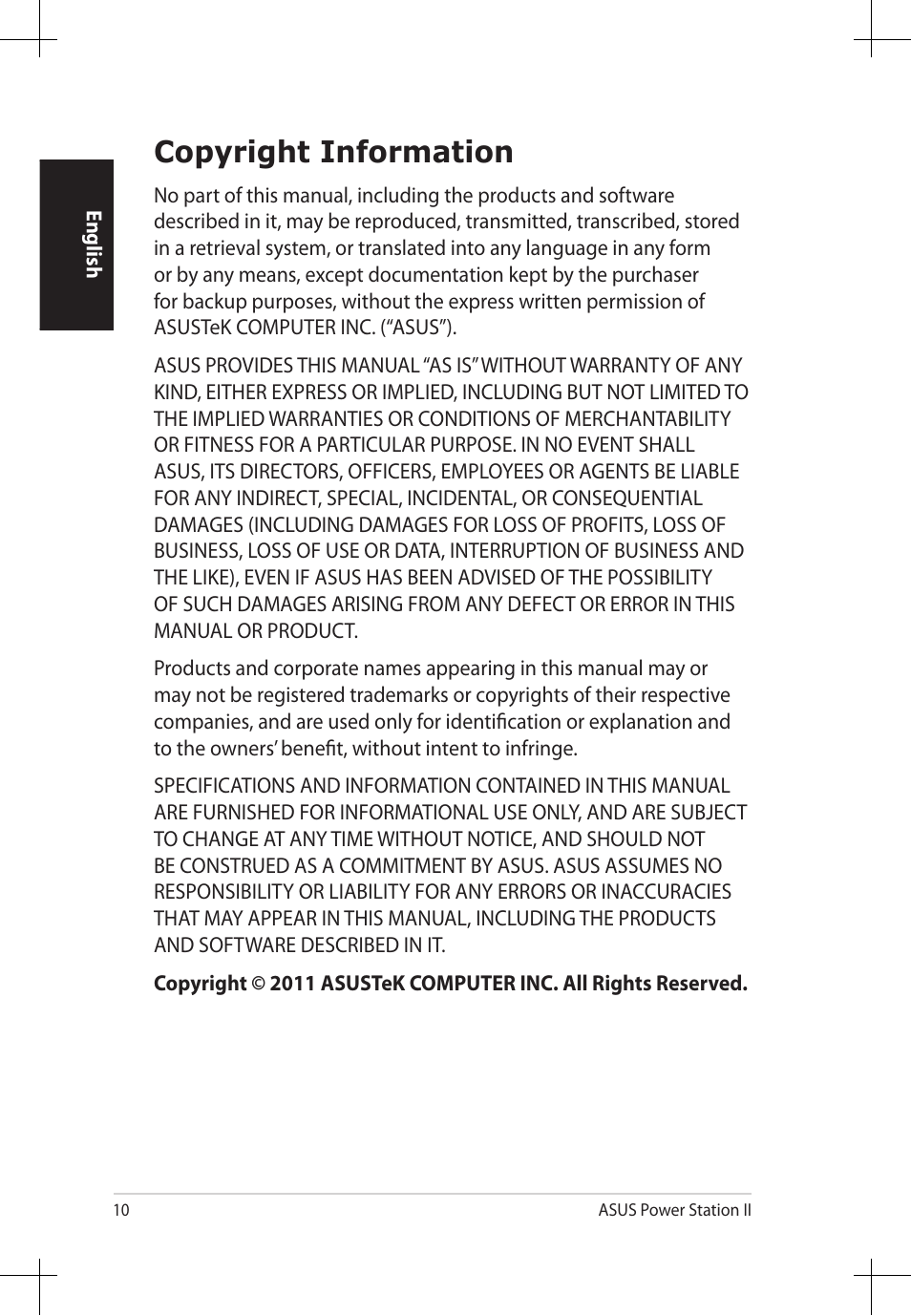 Copyright information | Asus Power Station II V2.0 E6823 User Manual | Page 10 / 12