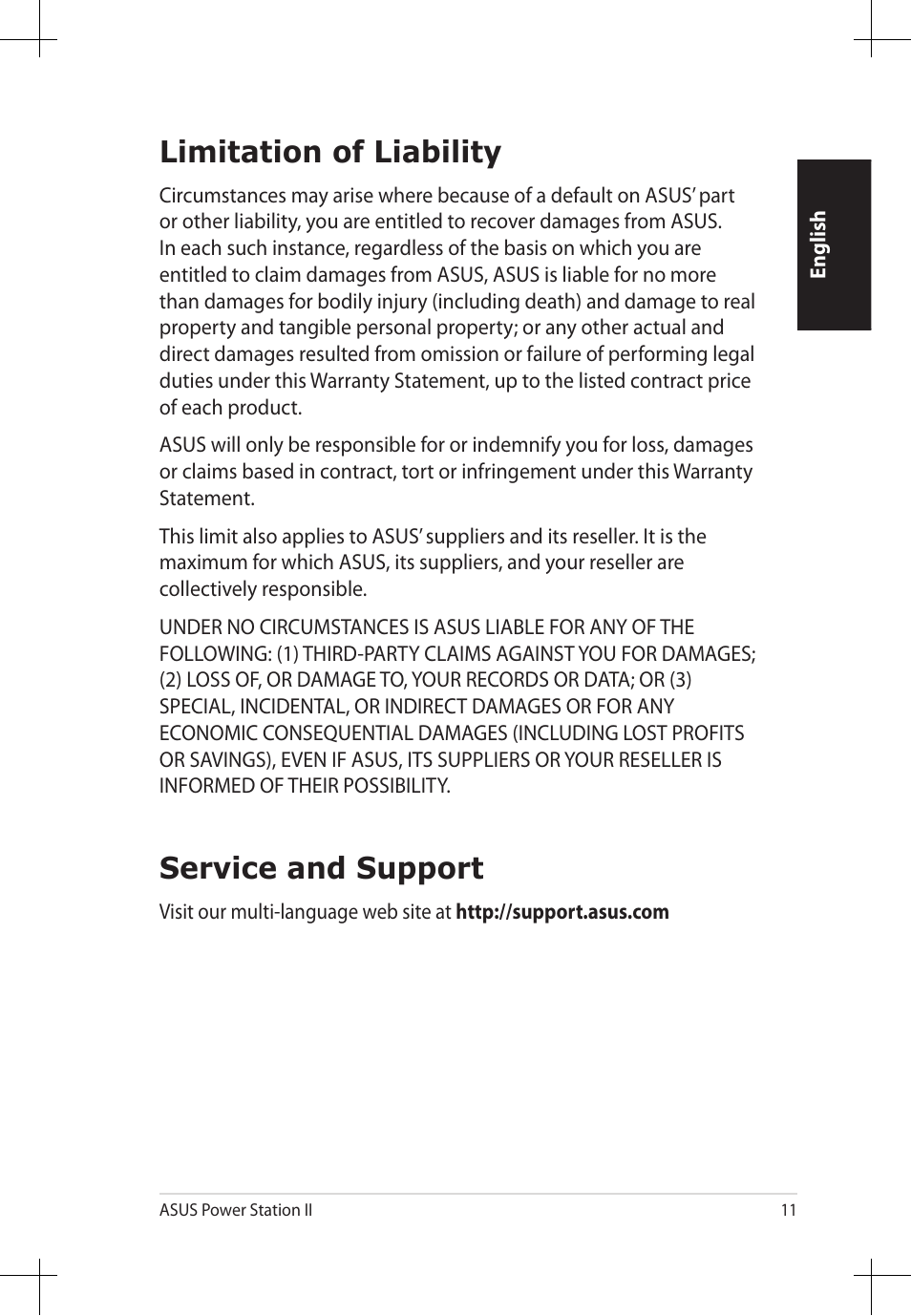 Limitation of liability, Service and support | Asus Power Station II V2.0 E6823 User Manual | Page 11 / 12