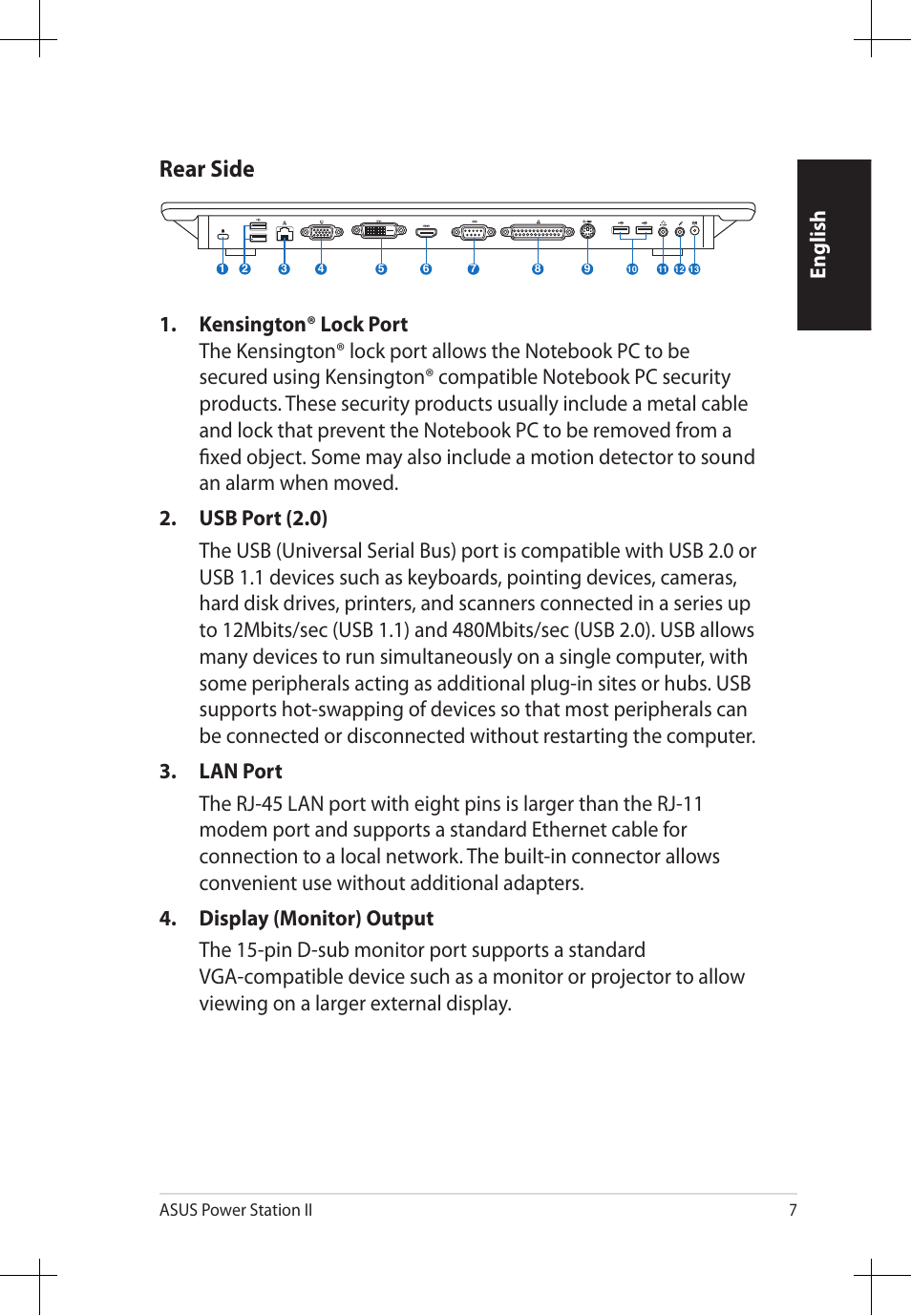 Rear side, English | Asus Power Station II V2.0 E6823 User Manual | Page 7 / 12