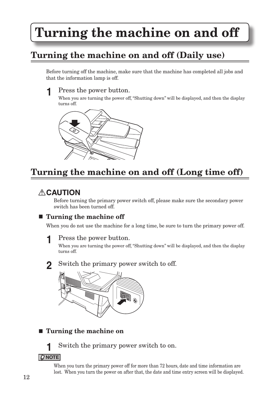 Turning the machine on and off, Turning the machine on and off (daily use), Turning the machine on and off (long time off) | Konica Minolta bizhub 25e User Manual | Page 14 / 55