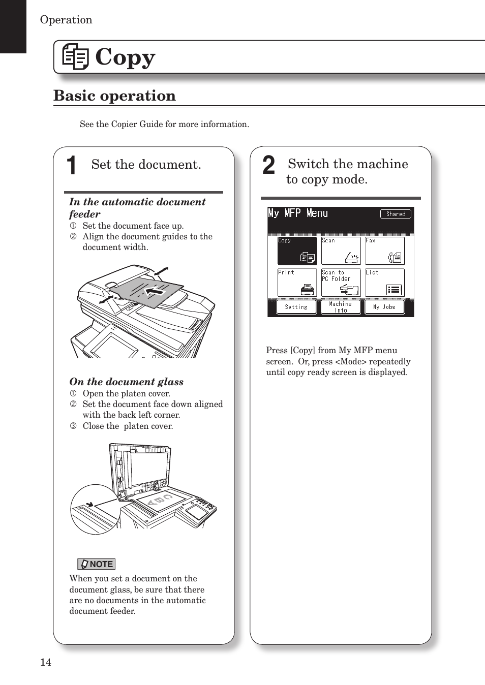 Copy, Basic operation, Set the document | Switch the machine to copy mode | Konica Minolta bizhub 25e User Manual | Page 16 / 55