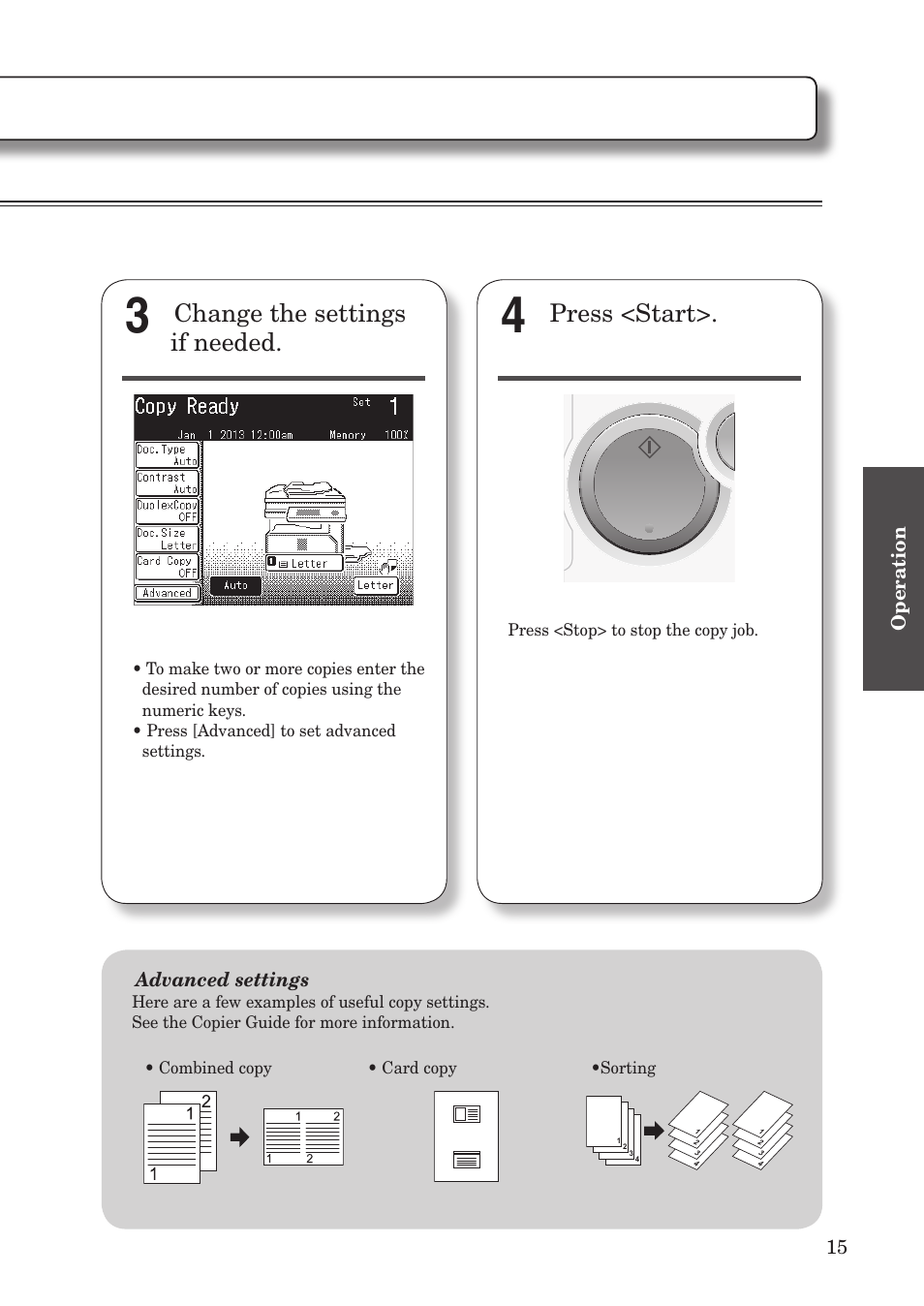 Copy, Basic operation, Change the settings if needed | Press <start | Konica Minolta bizhub 25e User Manual | Page 17 / 55