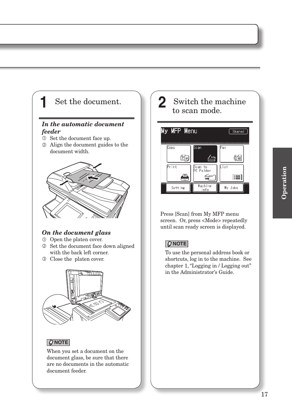 Scan, Basic operation, Set the document | Switch the machine to scan mode | Konica Minolta bizhub 25e User Manual | Page 19 / 55