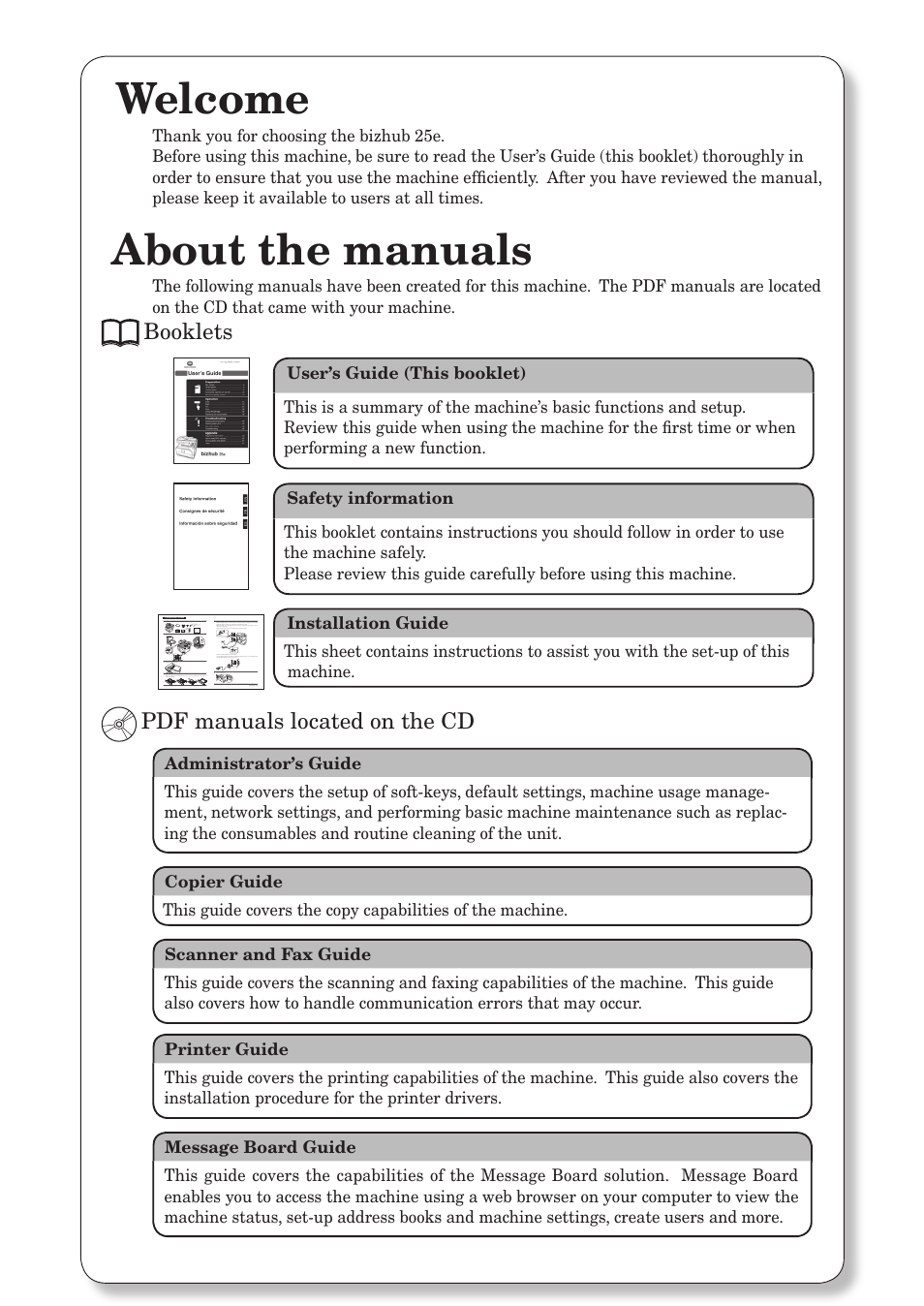 Welcome, About the manuals, Booklets | Pdf manuals located on the cd | Konica Minolta bizhub 25e User Manual | Page 3 / 55