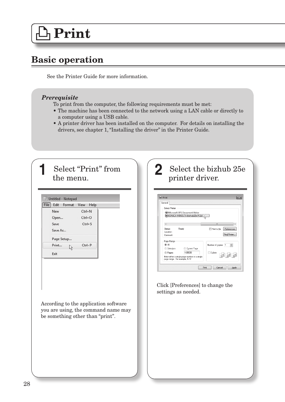 Print, Basic operation | Konica Minolta bizhub 25e User Manual | Page 30 / 55