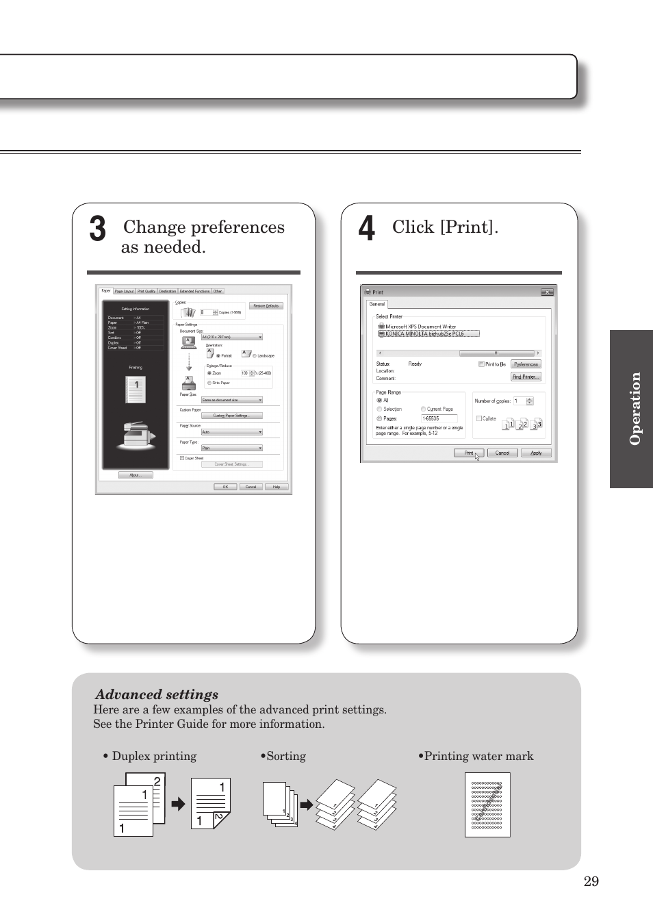 Print, Basic operation, Change preferences as needed | Click [print | Konica Minolta bizhub 25e User Manual | Page 31 / 55