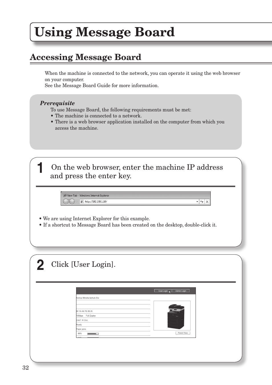 Using message board, Accessing message board | Konica Minolta bizhub 25e User Manual | Page 34 / 55