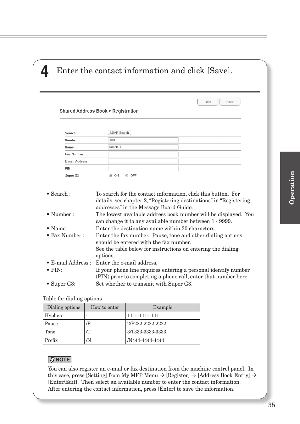 Registering e-mail and fax destinations, Enter the contact information and click [save | Konica Minolta bizhub 25e User Manual | Page 37 / 55