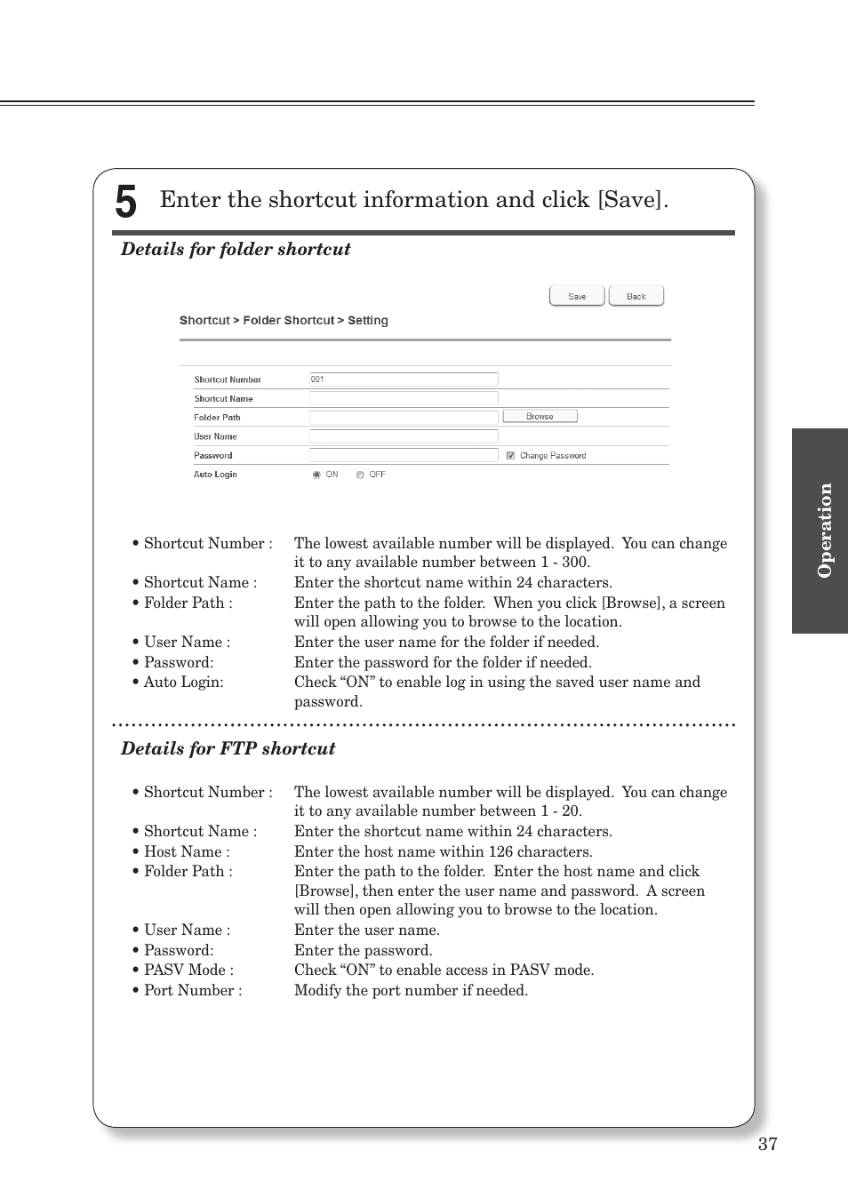 Registering a folder or ftp destination, Enter the shortcut information and click [save | Konica Minolta bizhub 25e User Manual | Page 39 / 55