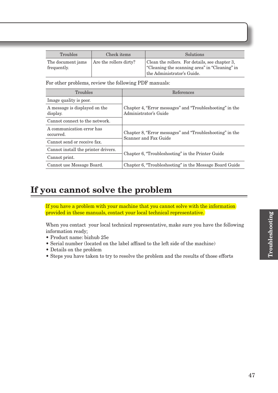 Troubleshooting, If you cannot solve the problem | Konica Minolta bizhub 25e User Manual | Page 49 / 55