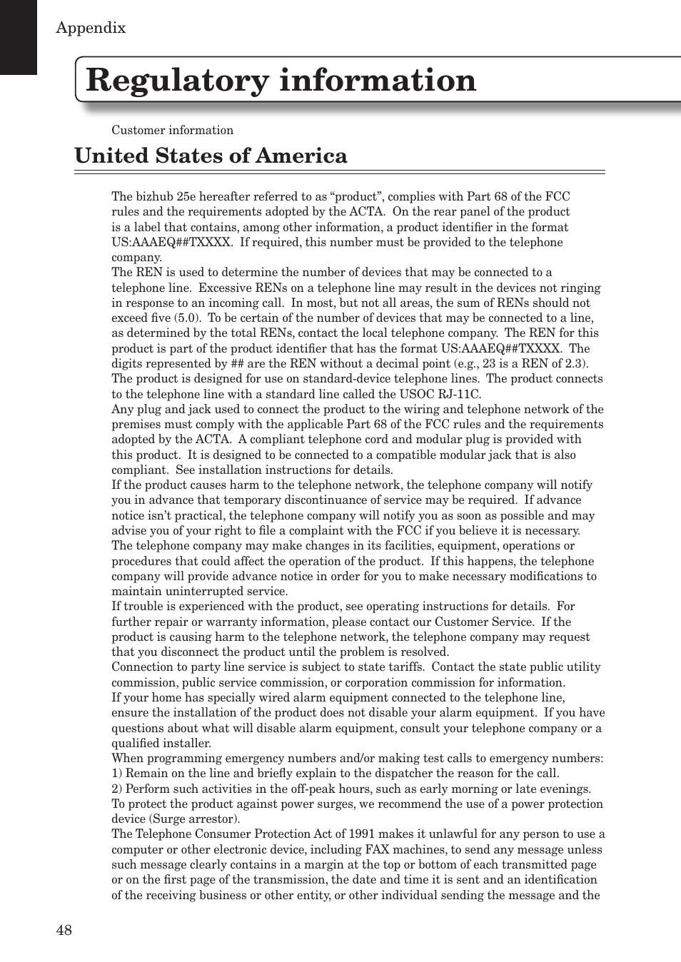Regulatory information, United states of america, Appendix | Konica Minolta bizhub 25e User Manual | Page 50 / 55
