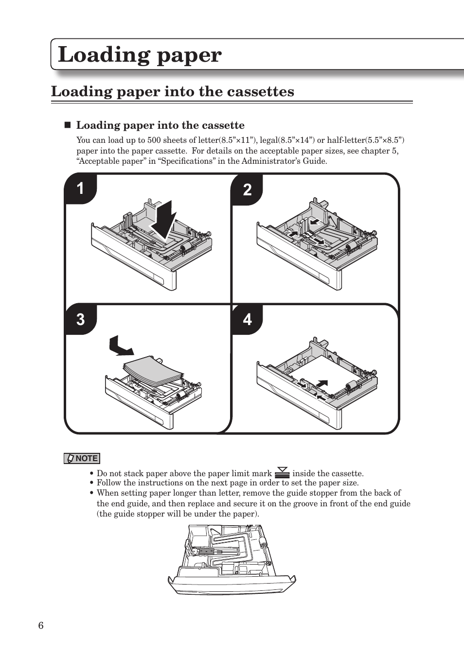 Loading paper, Loading paper into the cassettes | Konica Minolta bizhub 25e User Manual | Page 8 / 55