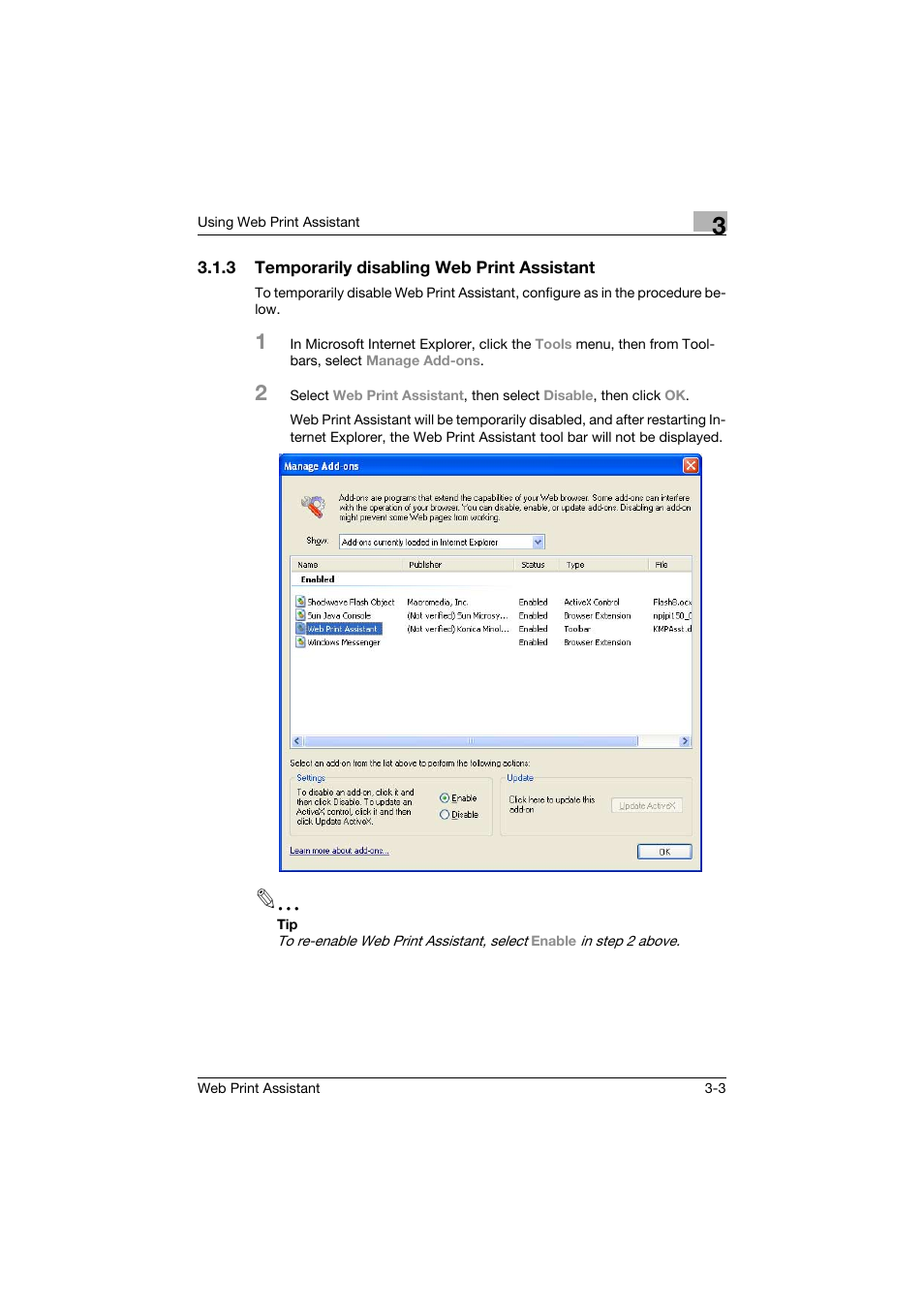 3 temporarily disabling web print assistant, Temporarily disabling web print assistant -3 | Konica Minolta Web Print Assistant User Manual | Page 10 / 20