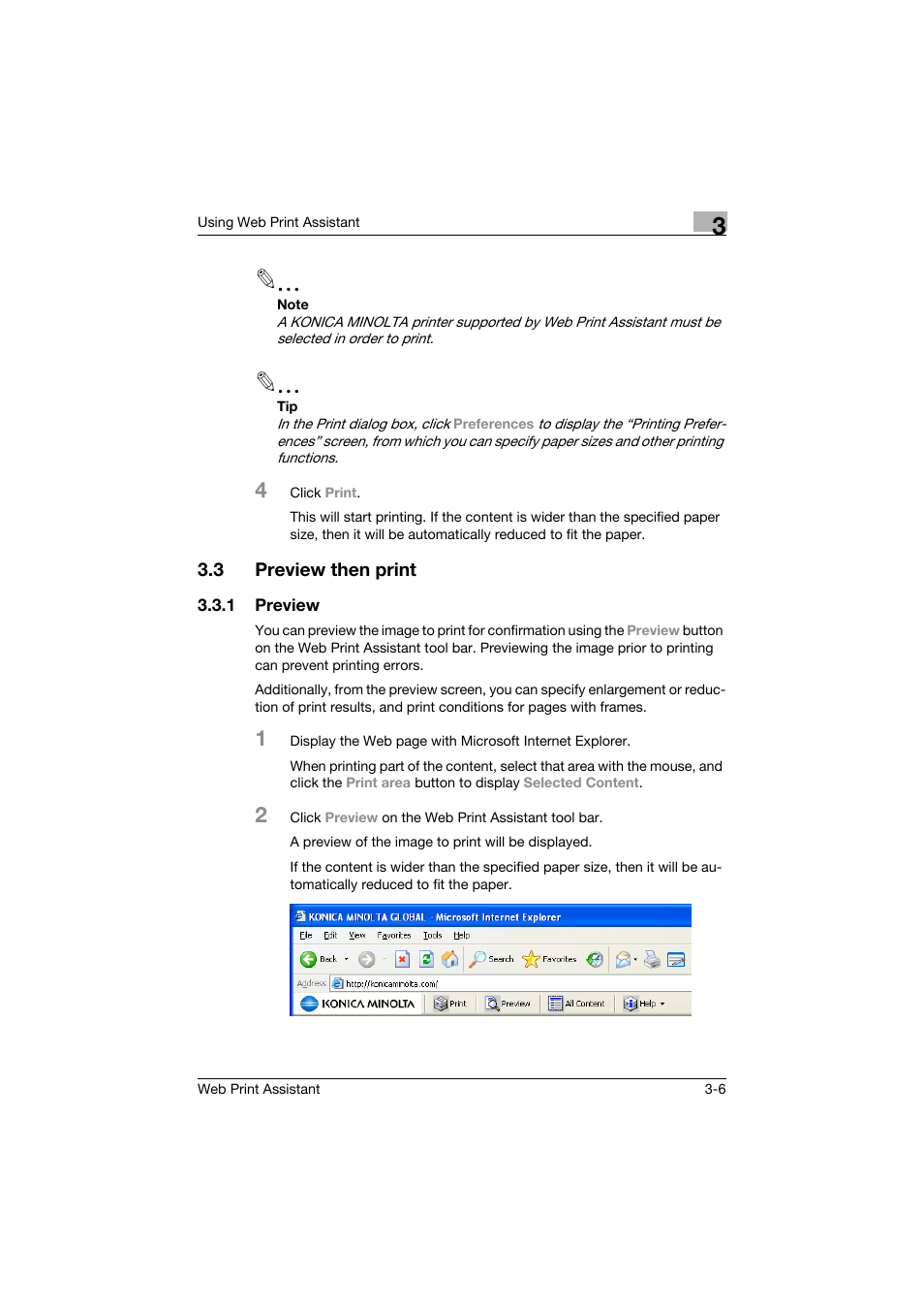 3 preview then print, 1 preview, Preview then print -6 | Preview -6 | Konica Minolta Web Print Assistant User Manual | Page 13 / 20
