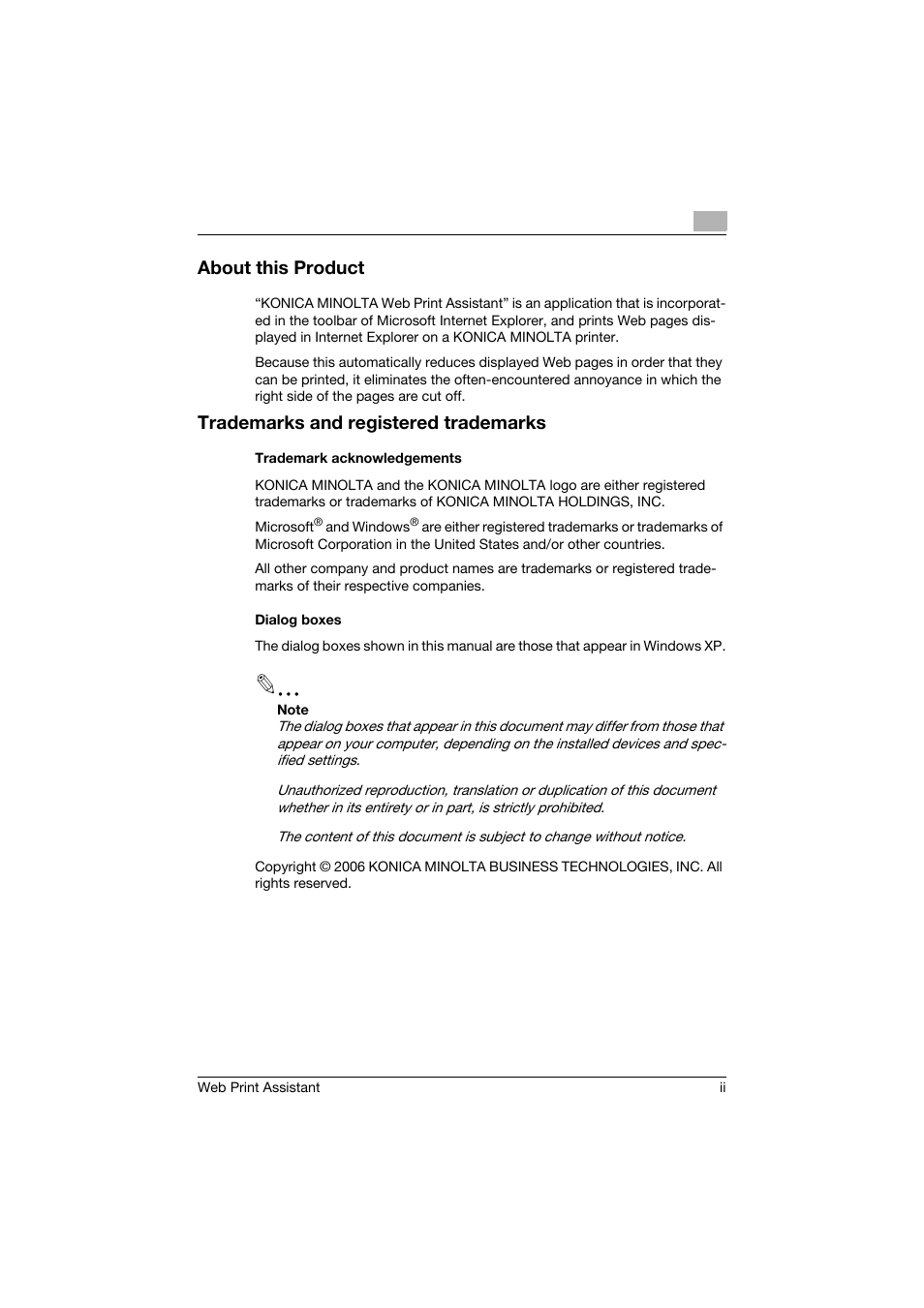 About this product, Trademarks and registered trademarks | Konica Minolta Web Print Assistant User Manual | Page 3 / 20