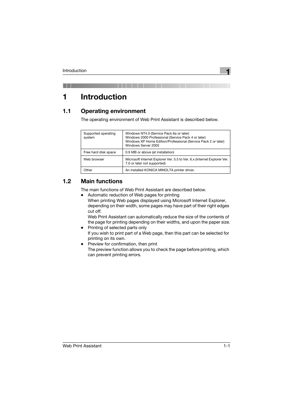 1 introduction, 1 operating environment, 2 main functions | Introduction, Operating environment -1, Main functions -1, 1introduction | Konica Minolta Web Print Assistant User Manual | Page 4 / 20