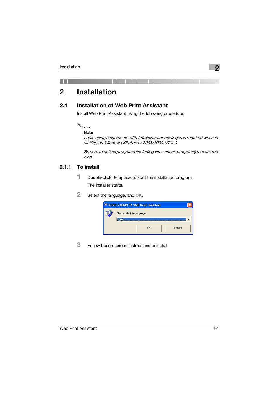 2 installation, 1 installation of web print assistant, 1 to install | Installation, Installation of web print assistant -1, To install -1, 2installation | Konica Minolta Web Print Assistant User Manual | Page 6 / 20