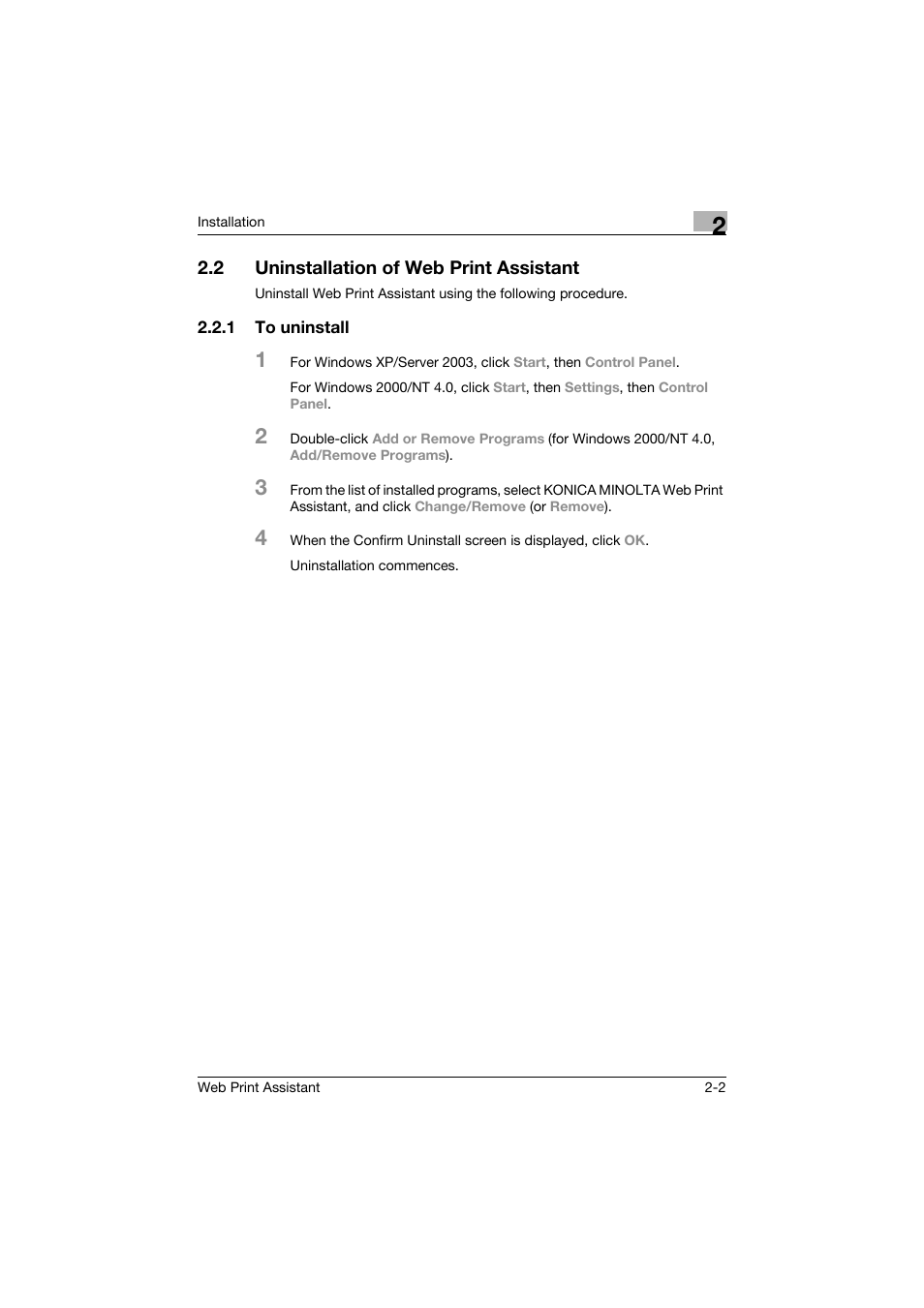 2 uninstallation of web print assistant, 1 to uninstall, Uninstallation of web print assistant -2 | To uninstall -2 | Konica Minolta Web Print Assistant User Manual | Page 7 / 20