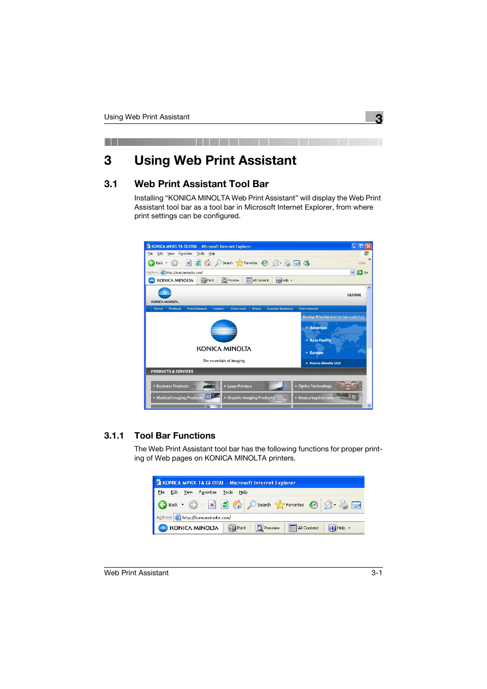 3 using web print assistant, 1 web print assistant tool bar, 1 tool bar functions | Using web print assistant, Web print assistant tool bar -1, Tool bar functions -1, 3using web print assistant | Konica Minolta Web Print Assistant User Manual | Page 8 / 20