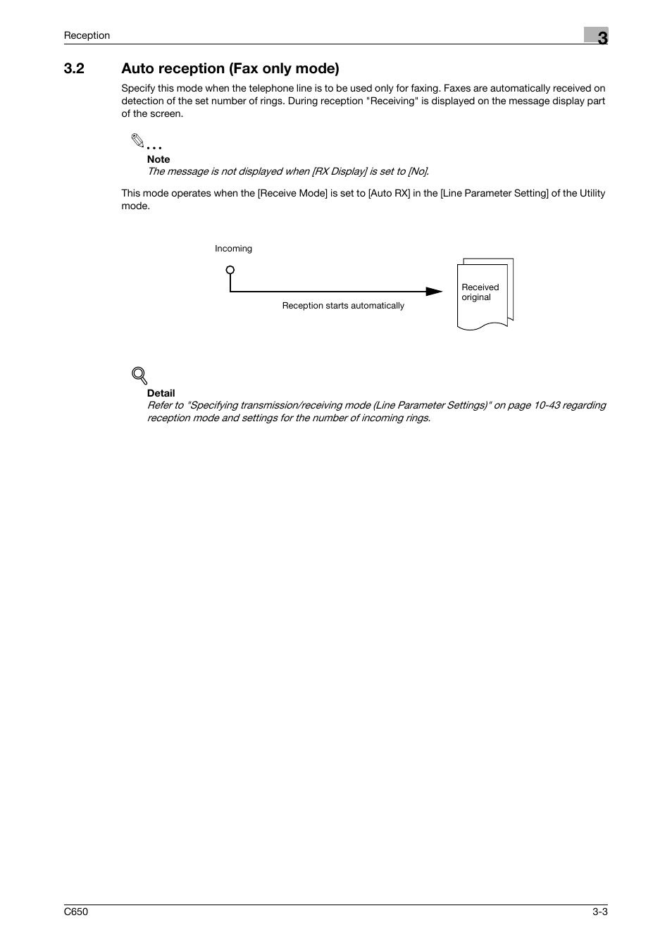 2 auto reception (fax only mode), Auto reception (fax only mode) -3 | Konica Minolta FK-502 User Manual | Page 101 / 361