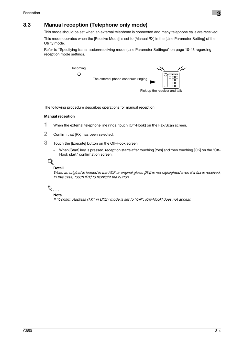 3 manual reception (telephone only mode), Manual reception | Konica Minolta FK-502 User Manual | Page 102 / 361