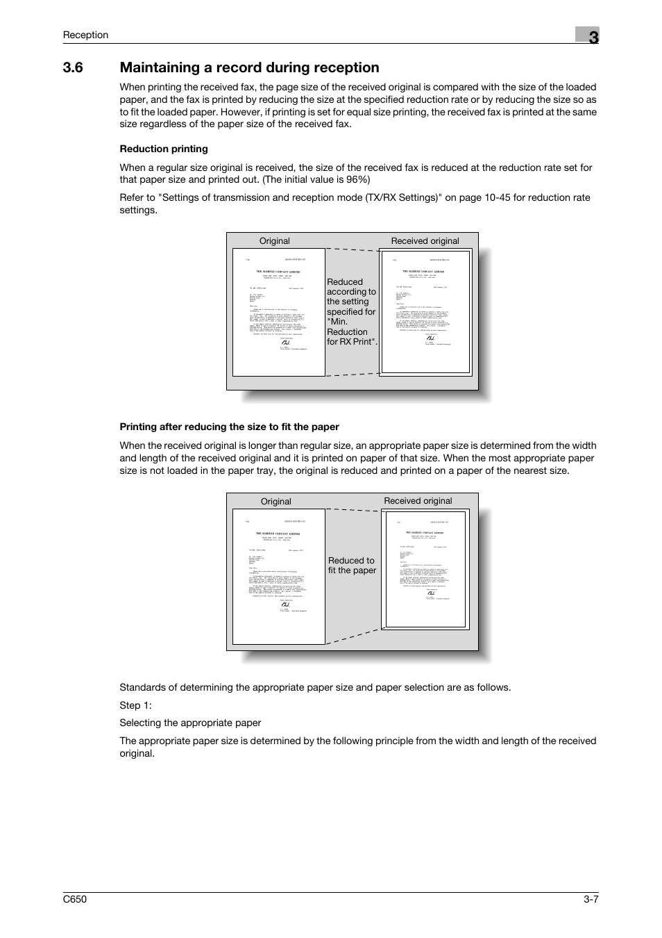 6 maintaining a record during reception, Reduction printing, Printing after reducing the size to fit the paper | Konica Minolta FK-502 User Manual | Page 105 / 361