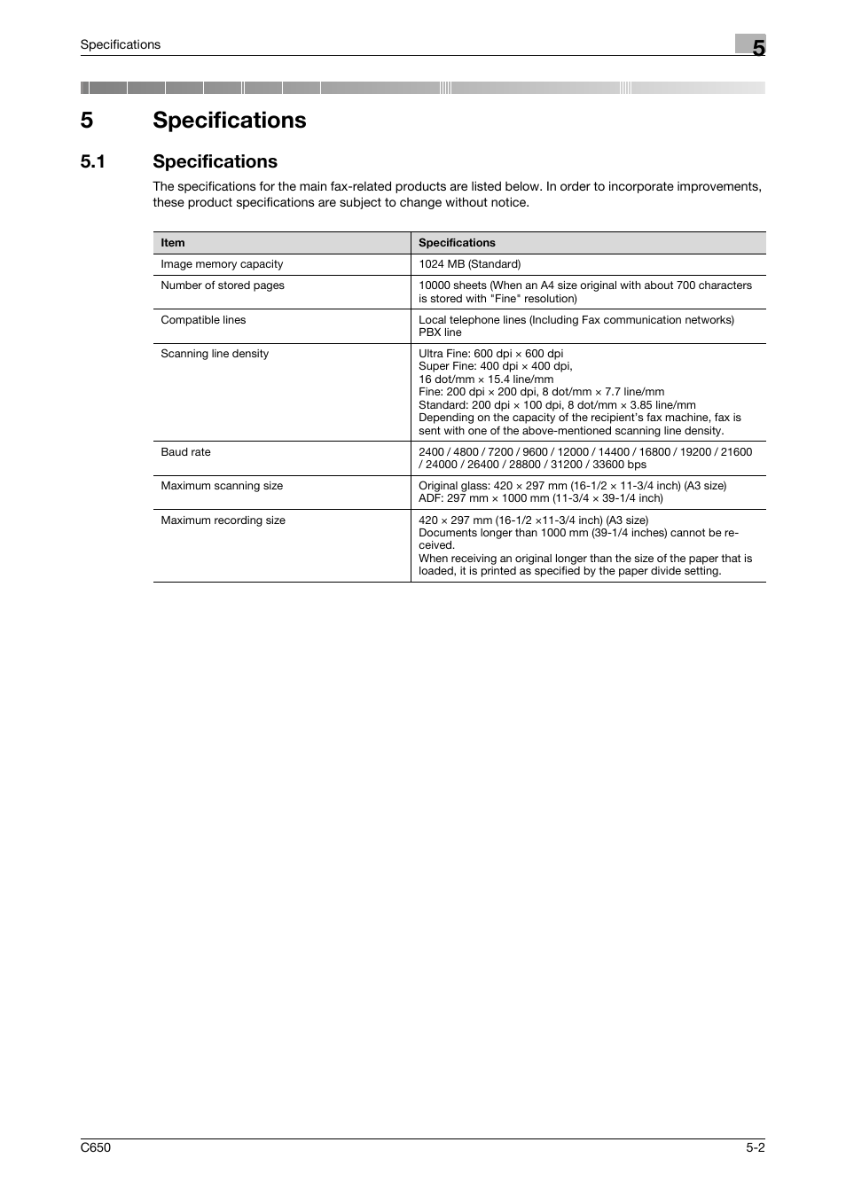 5 specifications, 1 specifications, Specifications | Specifications -2, 5specifications | Konica Minolta FK-502 User Manual | Page 118 / 361