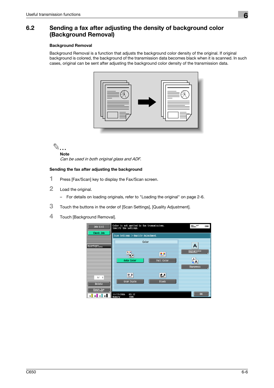 Background removal, Sending the fax after adjusting the background | Konica Minolta FK-502 User Manual | Page 124 / 361