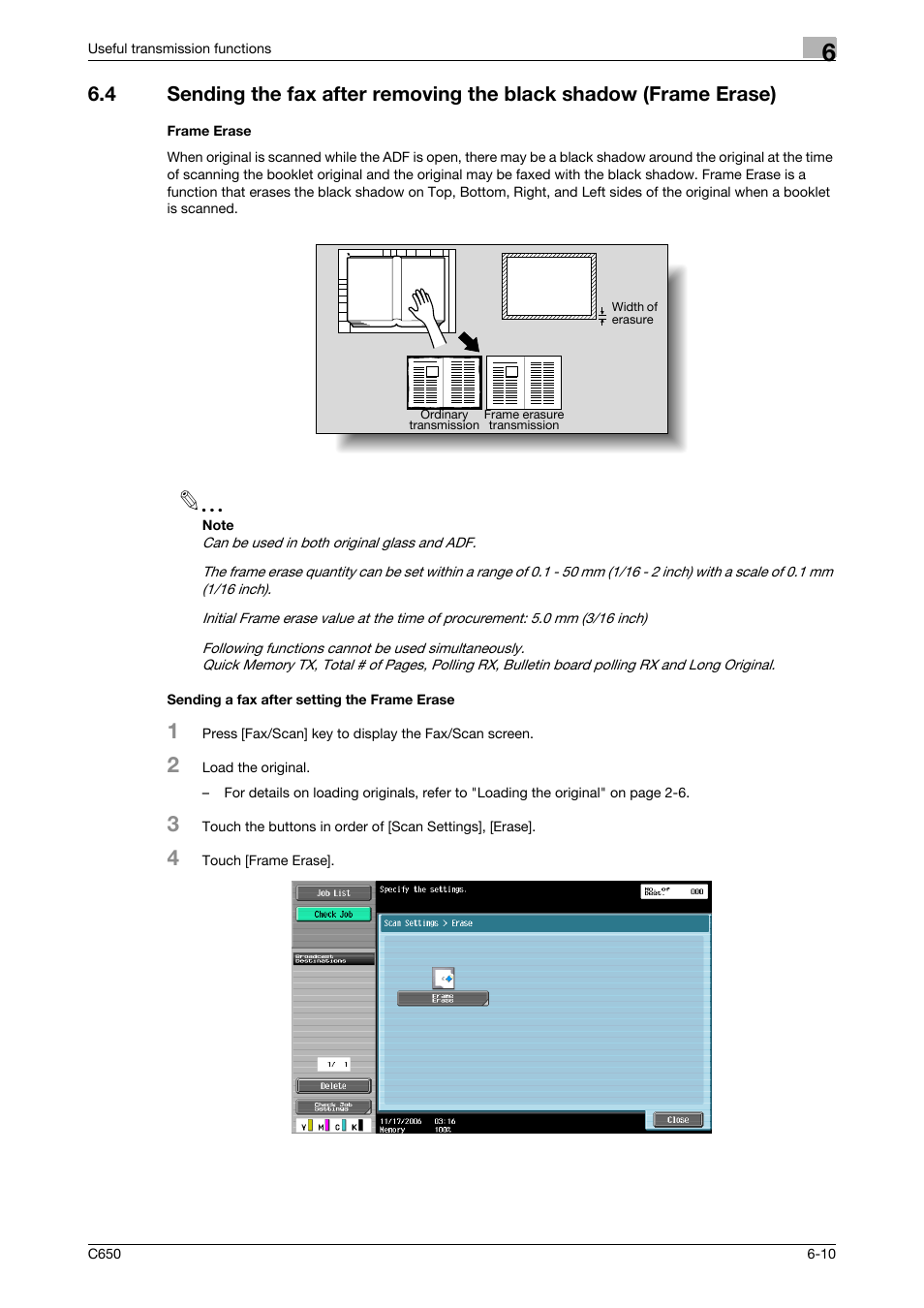 Frame erase, Sending a fax after setting the frame erase | Konica Minolta FK-502 User Manual | Page 128 / 361