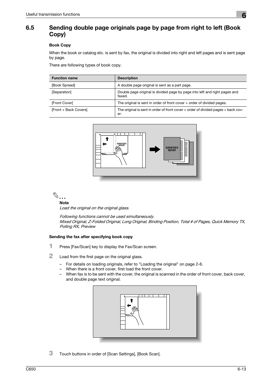 Book copy, Sending the fax after specifying book copy | Konica Minolta FK-502 User Manual | Page 131 / 361