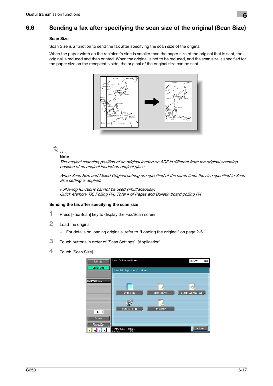 Scan size, Sending the fax after specifying the scan size, Touch [scan size | Konica Minolta FK-502 User Manual | Page 135 / 361