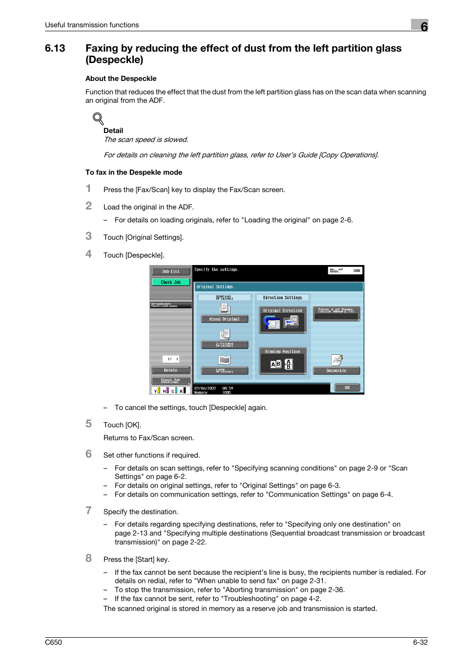 About the despeckle, To fax in the despekle mode | Konica Minolta FK-502 User Manual | Page 150 / 361