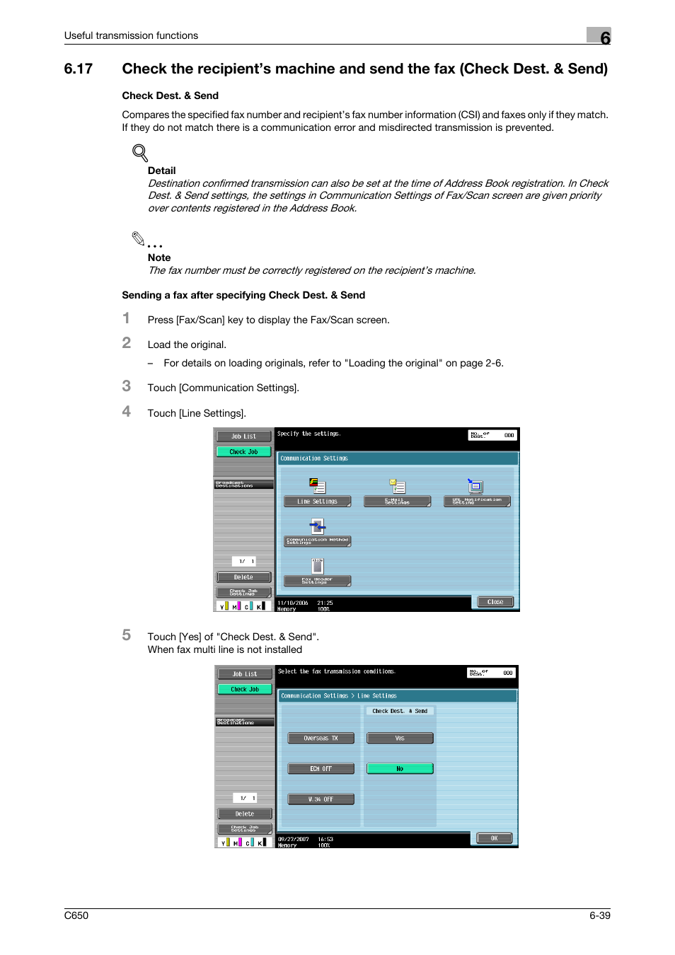 Check dest. & send, Sending a fax after specifying check dest. & send | Konica Minolta FK-502 User Manual | Page 157 / 361