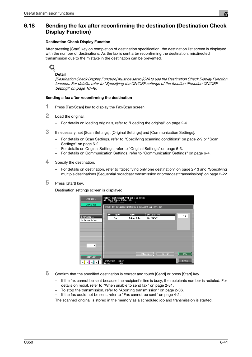 Destination check display function, Sending a fax after reconfirming the destination | Konica Minolta FK-502 User Manual | Page 159 / 361