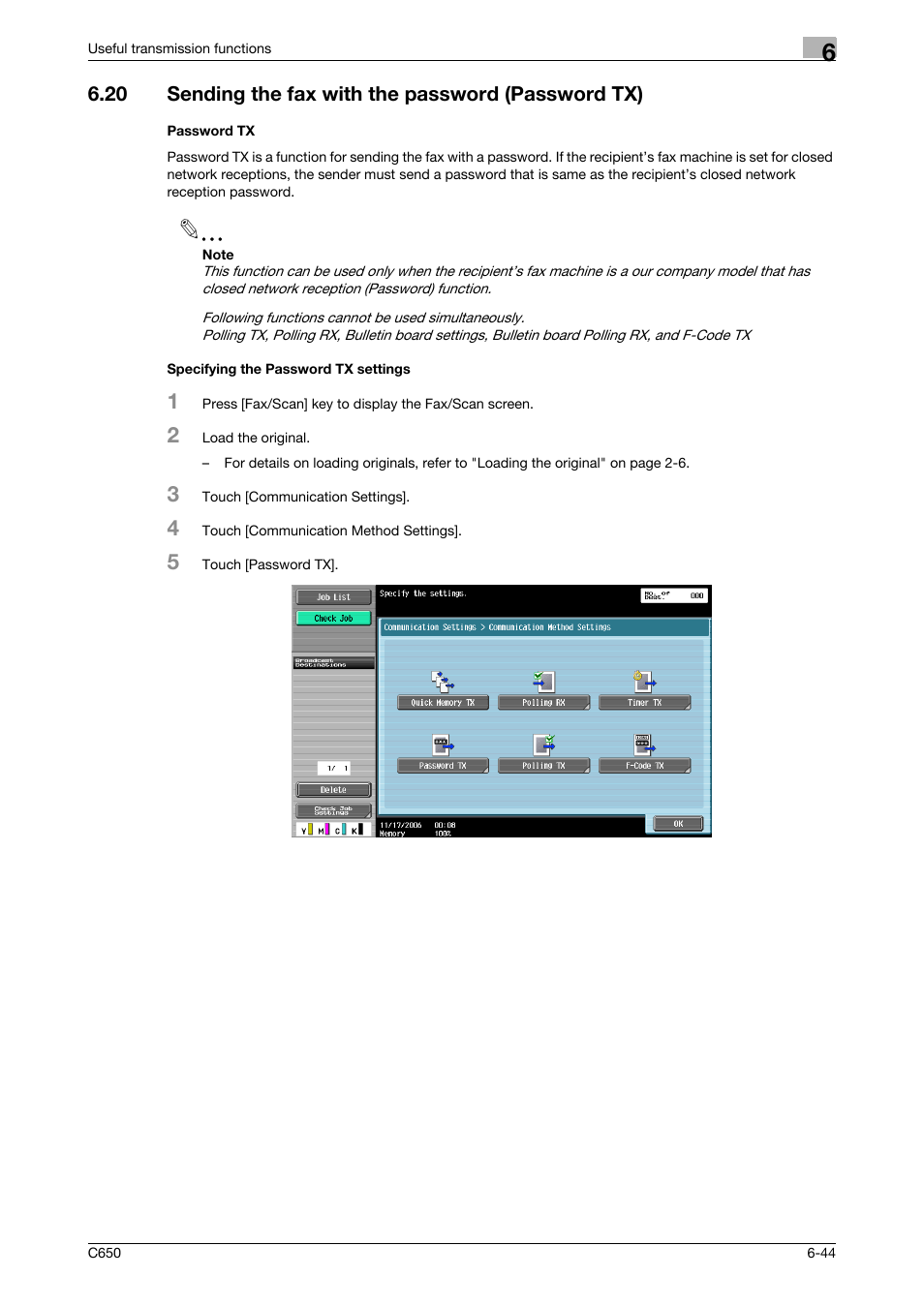 20 sending the fax with the password (password tx), Password tx, Specifying the password tx settings | Konica Minolta FK-502 User Manual | Page 162 / 361