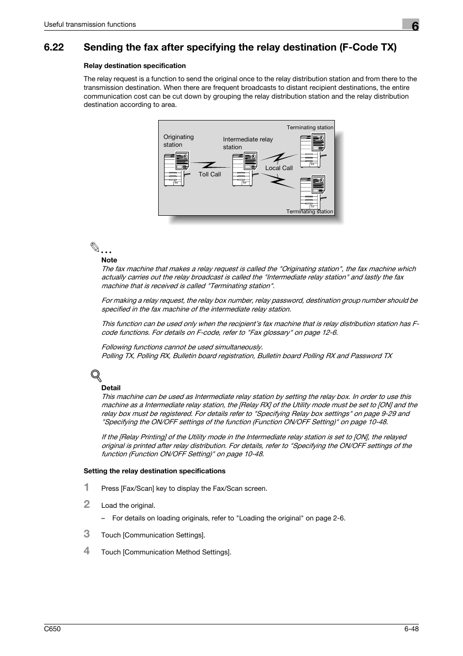 Relay destination specification, Setting the relay destination specifications | Konica Minolta FK-502 User Manual | Page 166 / 361