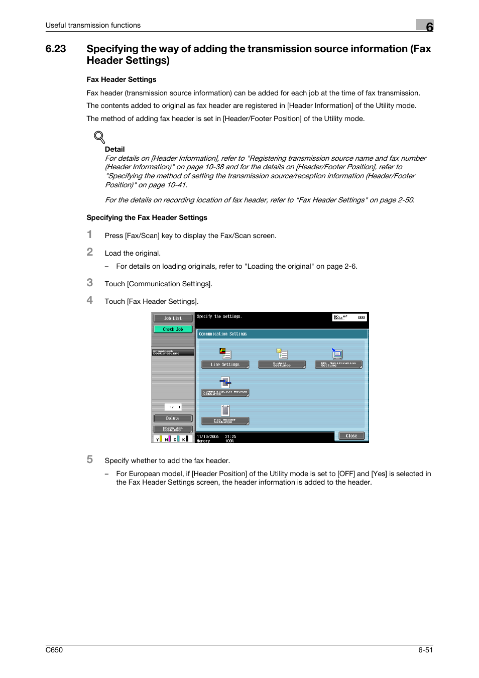 Fax header settings, Specifying the fax header settings | Konica Minolta FK-502 User Manual | Page 169 / 361