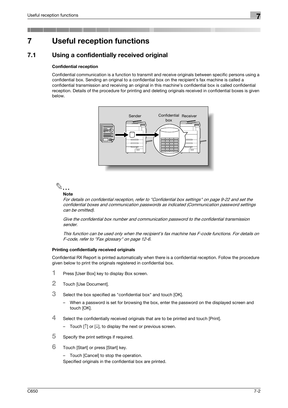 7 useful reception functions, 1 using a confidentially received original, Confidential reception | Printing confidentially received originals, Useful reception functions, 7useful reception functions | Konica Minolta FK-502 User Manual | Page 172 / 361