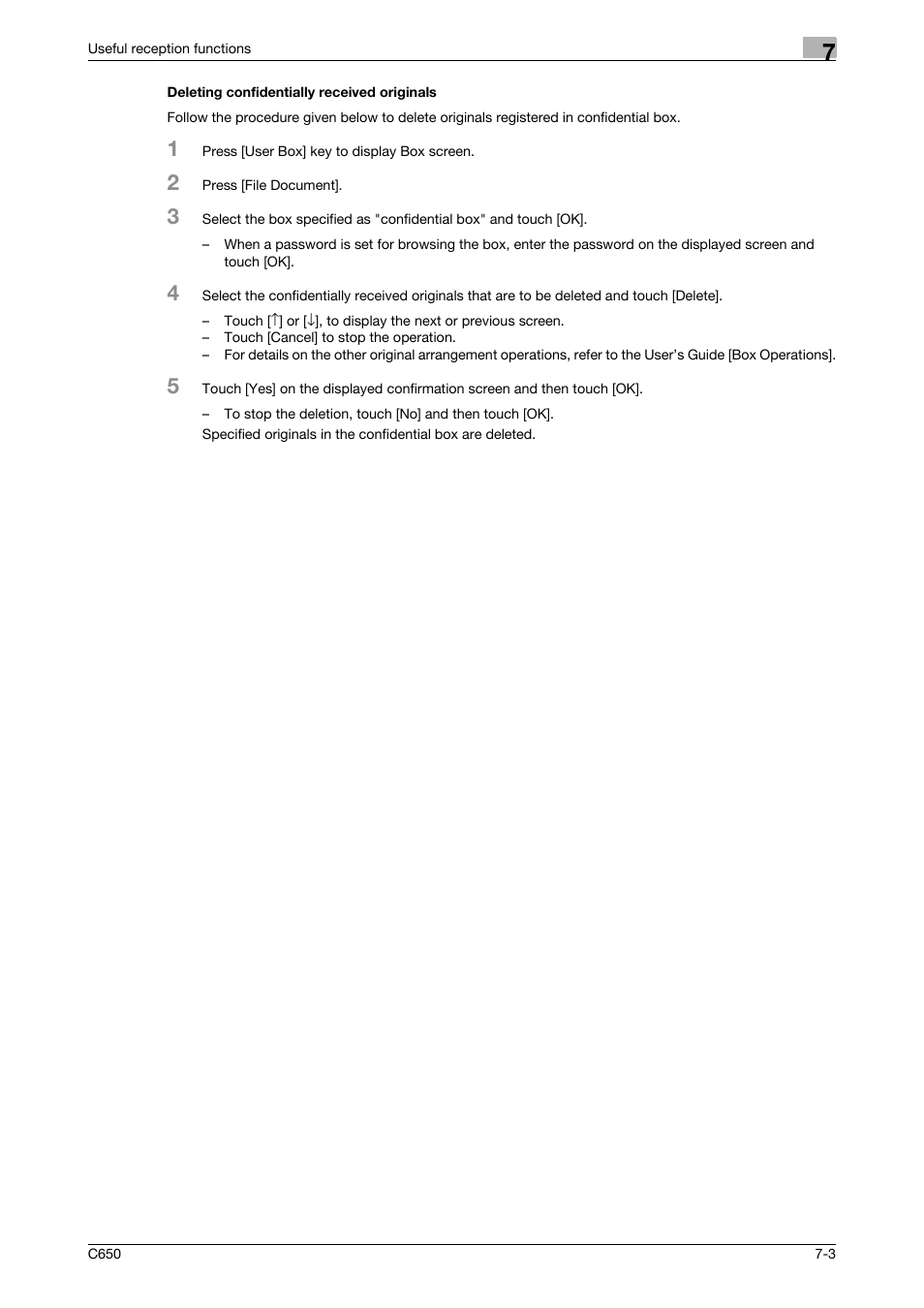 Deleting confidentially received originals, Deleting confidentially received originals -3 | Konica Minolta FK-502 User Manual | Page 173 / 361