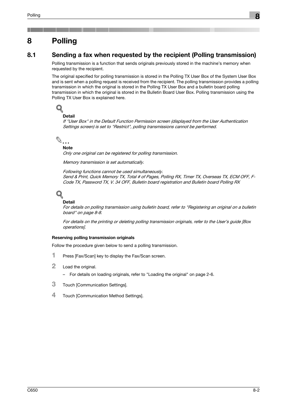 8 polling, Reserving polling transmission originals, Polling | 8polling | Konica Minolta FK-502 User Manual | Page 178 / 361