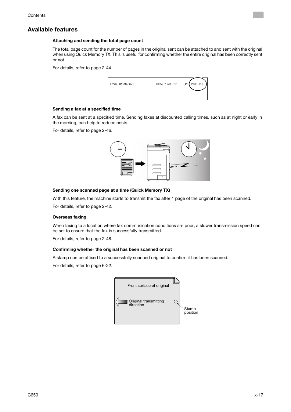 Available features, Sending a fax at a specified time, Overseas faxing | Konica Minolta FK-502 User Manual | Page 18 / 361