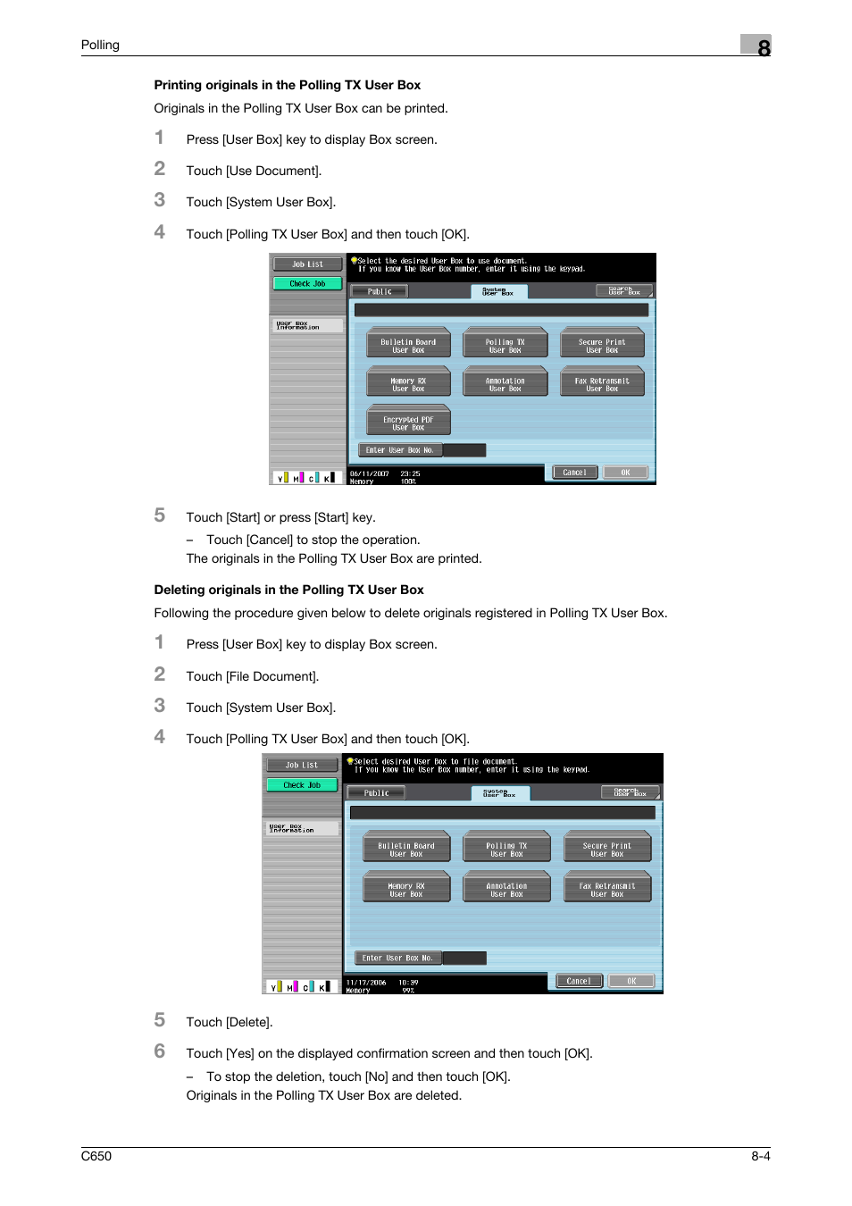 Printing originals in the polling tx user box, Deleting originals in the polling tx user box | Konica Minolta FK-502 User Manual | Page 180 / 361