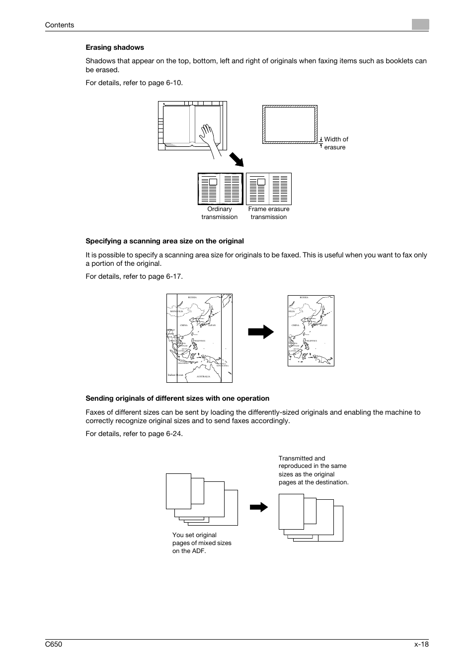 Erasing shadows, Specifying a scanning area size on the original | Konica Minolta FK-502 User Manual | Page 19 / 361