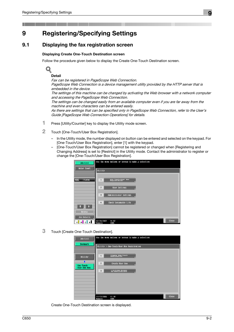 9 registering/specifying settings, 1 displaying the fax registration screen, Displaying create one-touch destination screen | Registering/specifying settings, 9registering/specifying settings | Konica Minolta FK-502 User Manual | Page 190 / 361