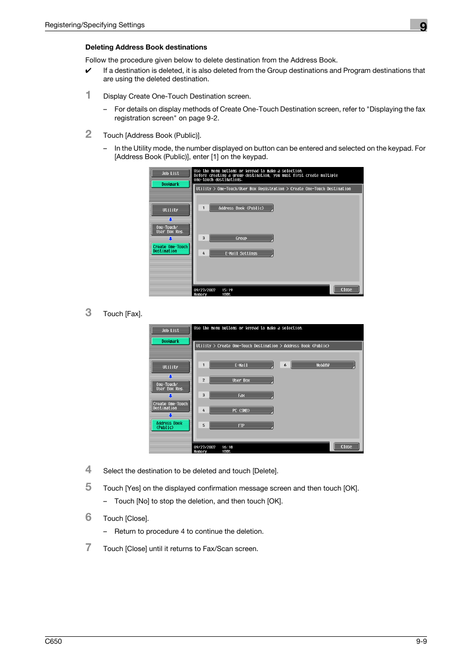 Deleting address book destinations, Deleting address book destinations -9 | Konica Minolta FK-502 User Manual | Page 197 / 361