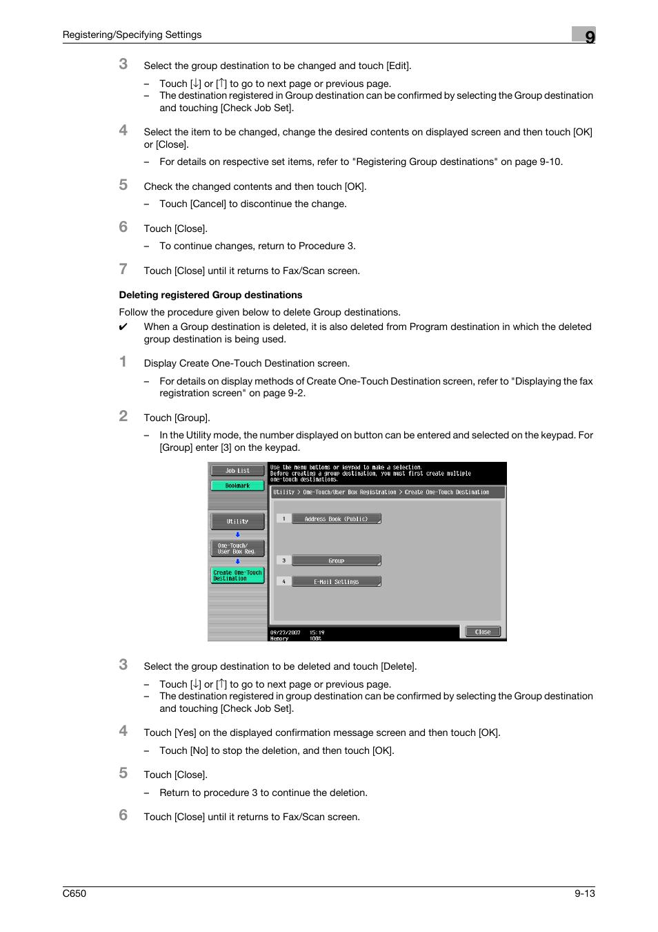 Deleting registered group destinations, Deleting registered group destinations -13 | Konica Minolta FK-502 User Manual | Page 201 / 361